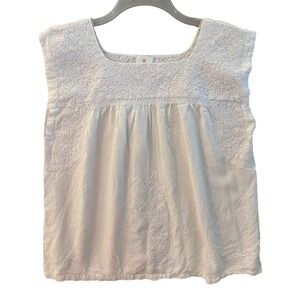 J Marie White Embroidered Top Large Boho Blouse Babydoll Sleeveless Linen Blend